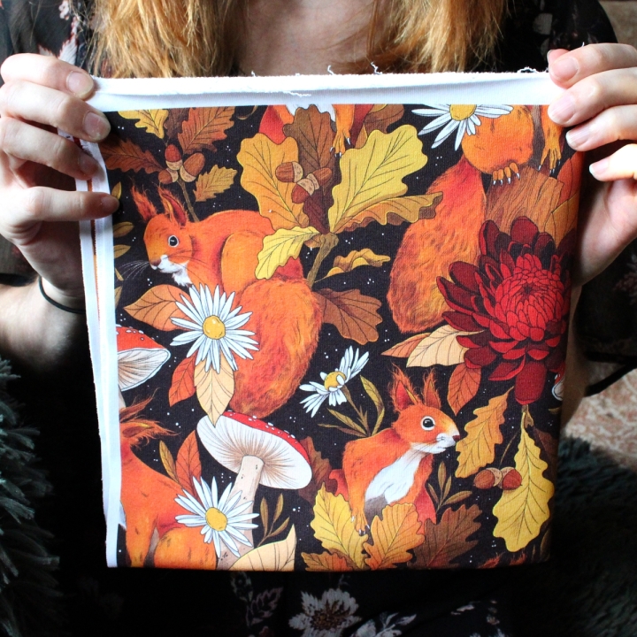 Tissu illustré "Écureuils d’automne" – popeline, velours & French terry - motif automnal