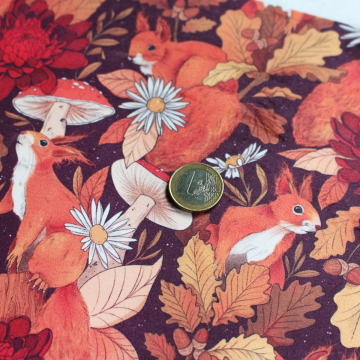 Tissu illustré "Écureuils d’automne" – popeline, velours & French terry - motif automnal
