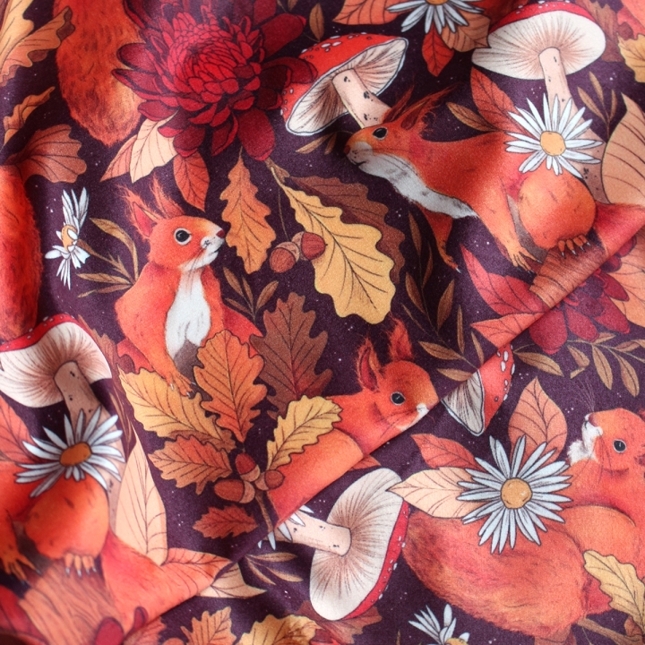 Tissu illustré "Écureuils d’automne" – popeline, velours & French terry - motif automnal