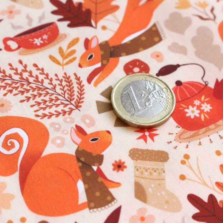 Coupon de tissu illustré "Écureuils écharpes" 48x48 cm – Popeline & French Terry – motif automnale