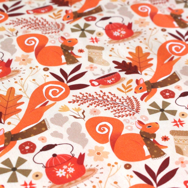 Coupon de tissu illustré "Écureuils écharpes" 48x48 cm – Popeline & French Terry – motif automnale