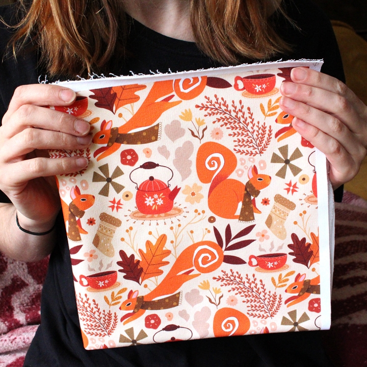 Coupon de tissu illustré "Écureuils écharpes" 48x48 cm – Popeline & French Terry – motif automnale