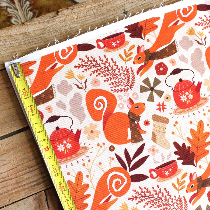 Coupon de tissu illustré "Écureuils écharpes" 48x48 cm – Popeline & French Terry – motif automnale