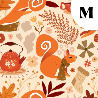 Coupon de tissu illustré "Écureuils écharpes" 48x48 cm – Popeline & French Terry – motif automnale