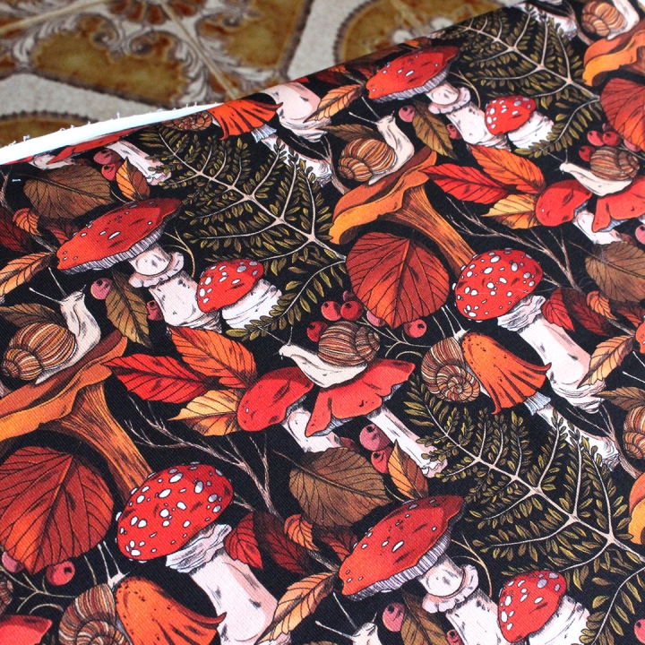 Coupon de tissu illustré "Escargots & champignons" 48x48 cm – Popeline & French Terry – motif automnale