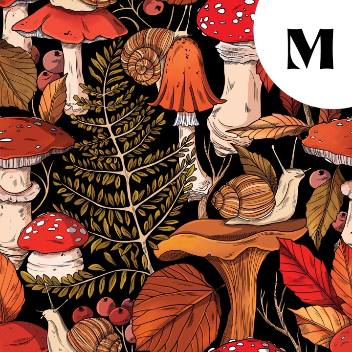 Coupon de tissu illustré "Escargots & champignons" 48x48 cm – Popeline & French Terry – motif automnale