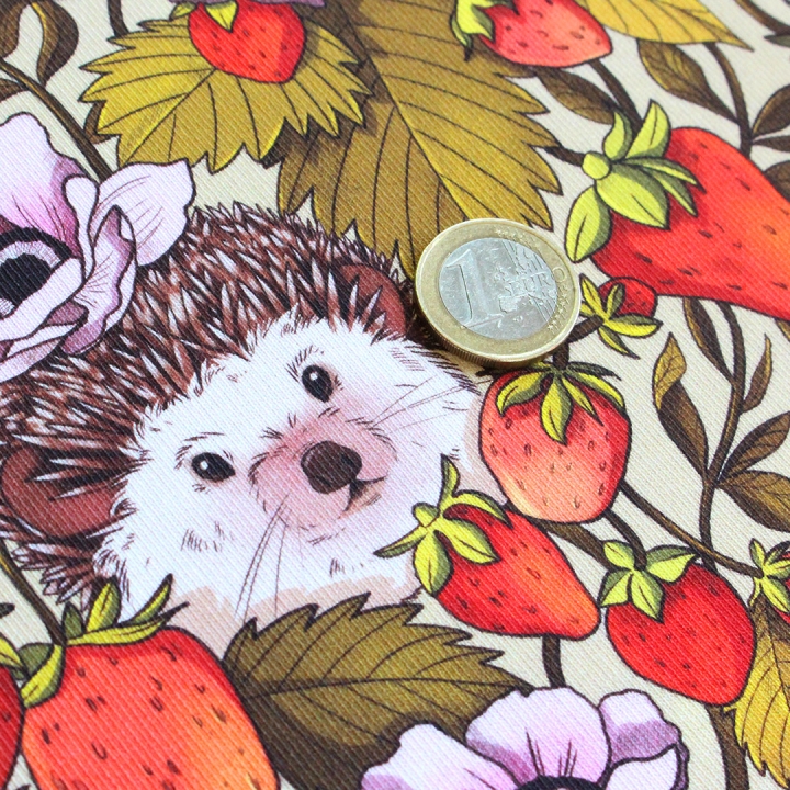 Tissu illustré "Hérissons et fraises" – popeline, velours & French terry – motif poétique