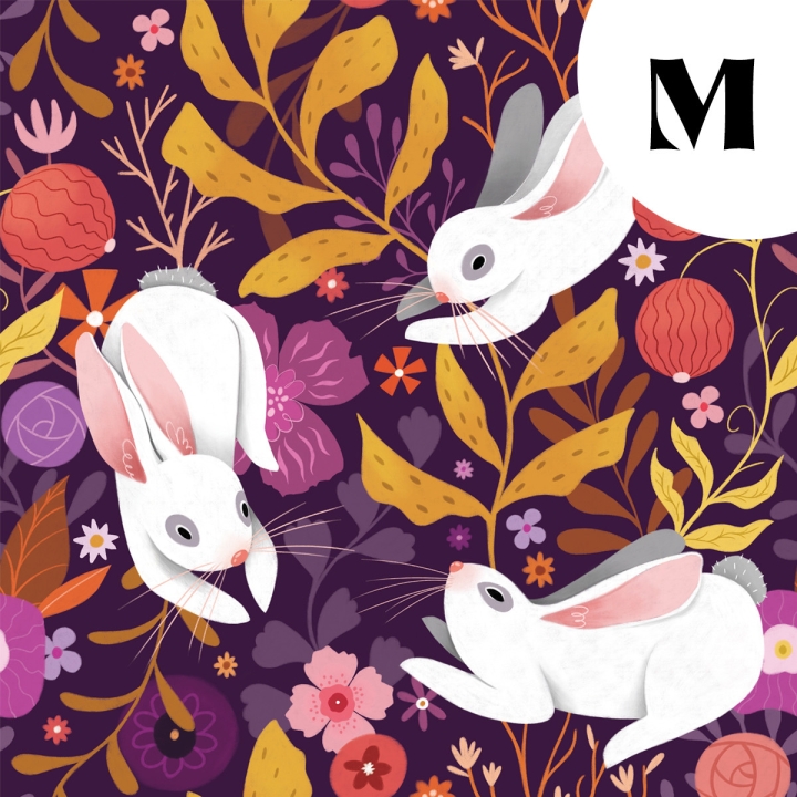 Coupon de tissu illustré "Lapins blancs" 48x48 cm – Popeline & French Terry – motif poétique