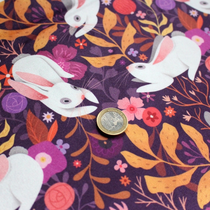 Tissu illustré "Lapins blancs"– popeline, velours & French terry – univers féerique