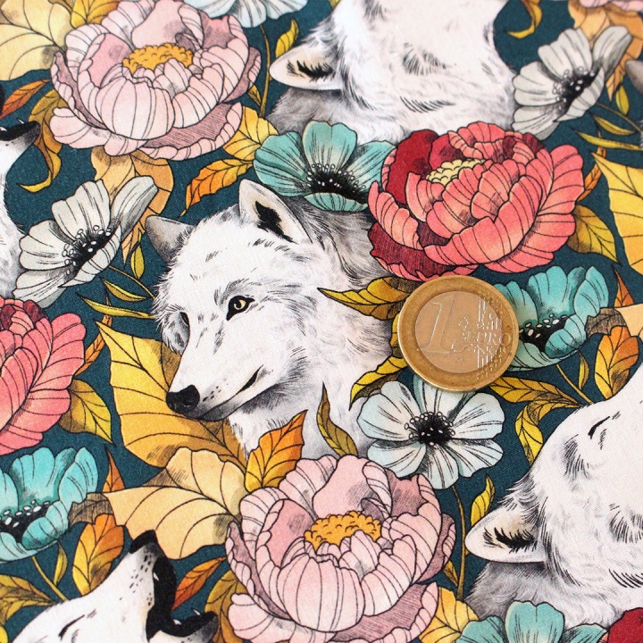 Tissu illustré "Loups blancs" – popeline, velours & French terry – motif poétique