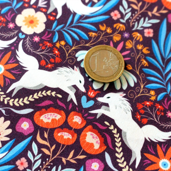 Coupon de tissu illustré "Loups colorés" 48x48 cm – Popeline & French Terry – motif coloré