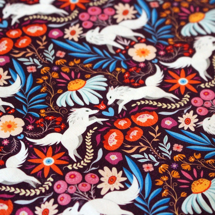 Coupon de tissu illustré "Loups colorés" 48x48 cm – Popeline & French Terry – motif coloré