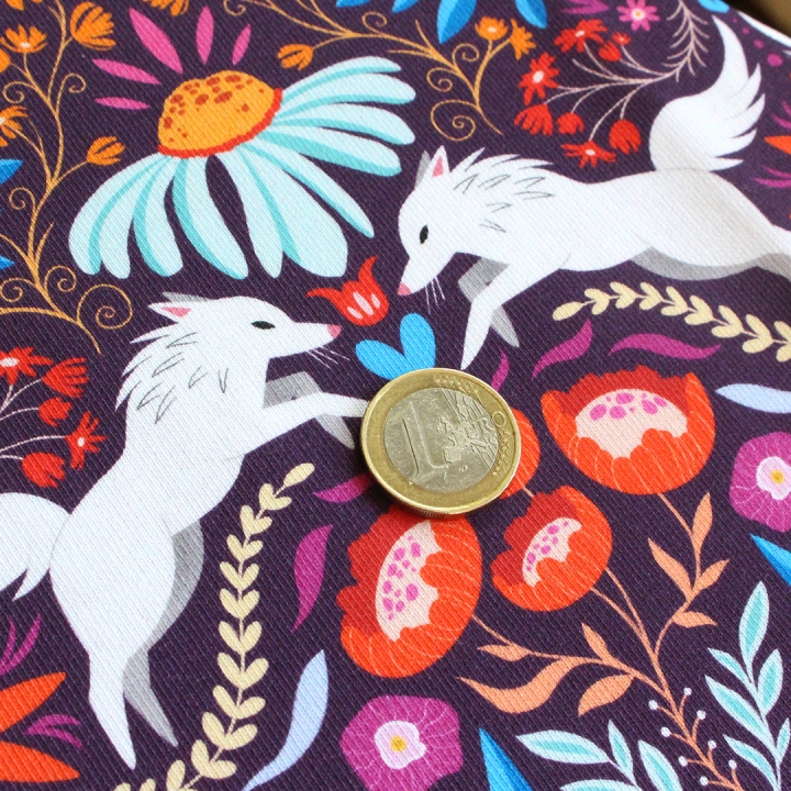 Coupon de tissu illustré "Loups colorés" 48x48 cm – Popeline & French Terry – motif coloré