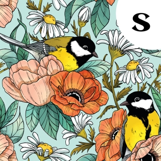 Coupon de tissu illustré "Mésanges" 48x48 cm – Popeline & French Terry – motif poétique