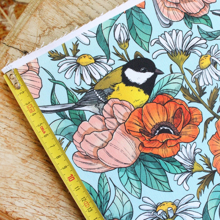 Coupon de tissu illustré "Mésanges" 48x48 cm – Popeline & French Terry – motif poétique