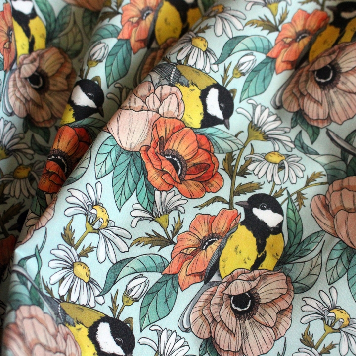 Tissu illustré "Mésanges" – popeline, velours & French terry – motif nature, poétique