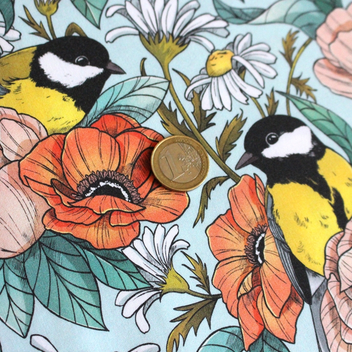 Tissu illustré "Mésanges" – popeline, velours & French terry – motif nature, poétique