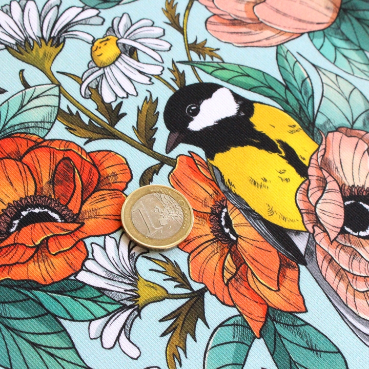 Tissu illustré "Mésanges" – popeline, velours & French terry – motif nature, poétique