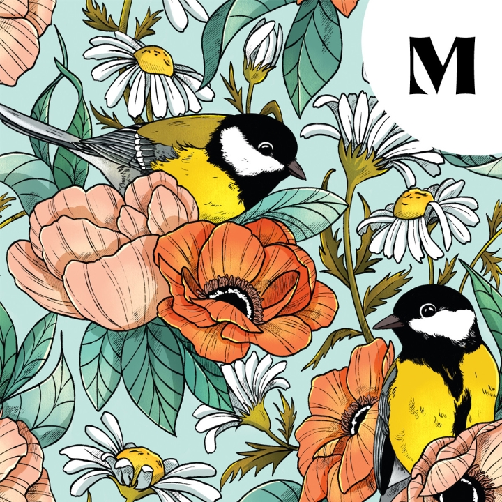 Tissu illustré "Mésanges" – popeline, velours & French terry – motif nature, poétique