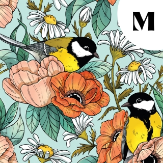 Tissu illustré "Mésanges" – popeline, velours & French terry – motif nature, poétique