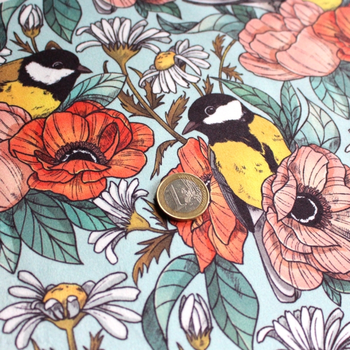 Tissu illustré "Mésanges" – popeline, velours & French terry – motif nature, poétique