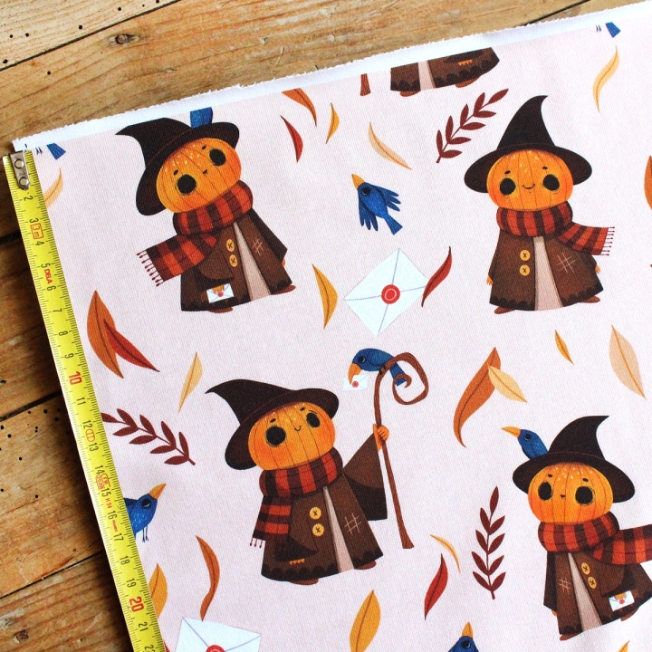 Coupon de tissu illustré "Mr Pumpkin" 48x48 cm – Popeline & French Terry – motif automnale, halloween