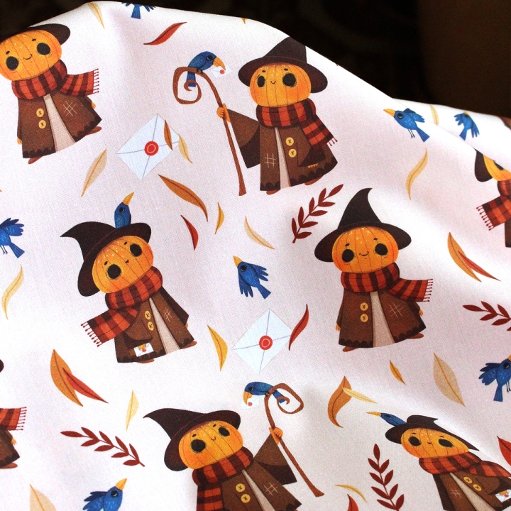 Coupon de tissu illustré "Mr Pumpkin" 48x48 cm – Popeline & French Terry – motif automnale, halloween