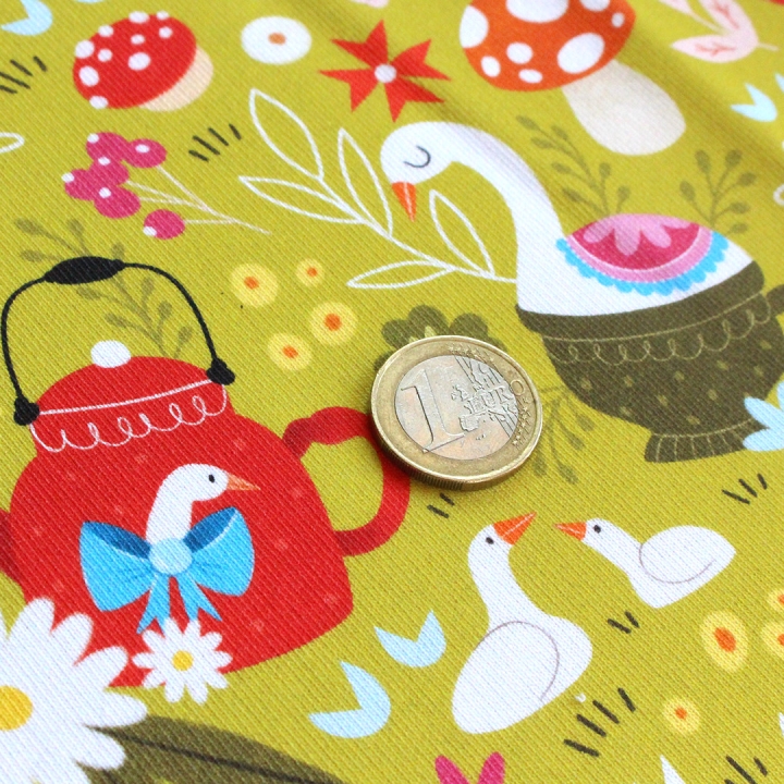 Coupon de tissu illustré "Oies" 48x48 cm – Popeline & French Terry – motif printanier
