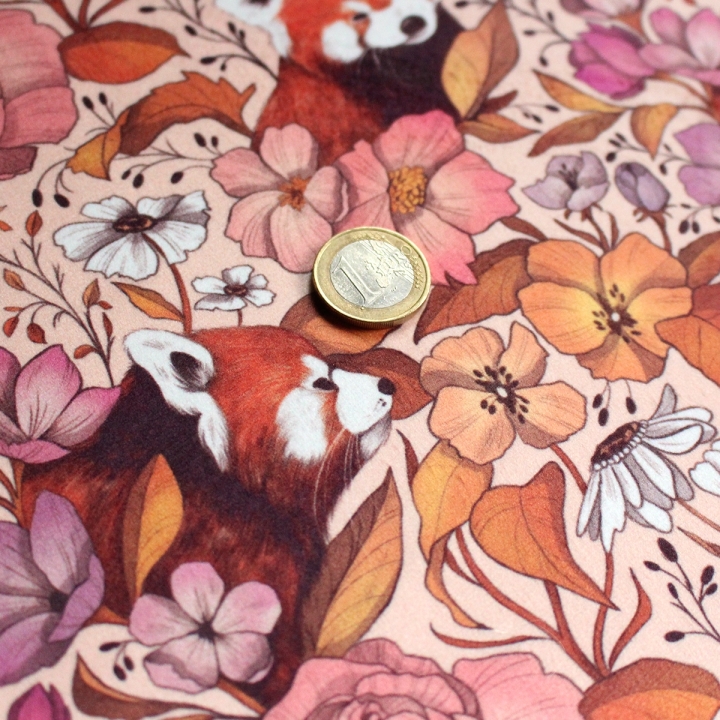Tissu illustré "Pandas roux" – popeline, velours & French terry – motif poétique
