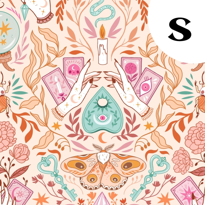 Coupon de tissu illustré "Pastel Witch" 48x48 cm – Popeline & French Terry – motif sorcière, magique