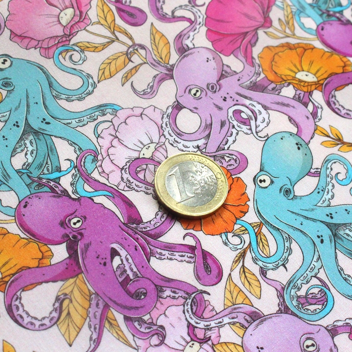 Coupon de tissu illustré "Pieuvres" 48x48 cm – Popeline & French Terry – motif poétique
