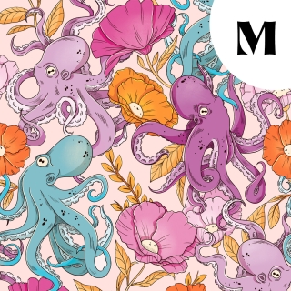 Coupon de tissu illustré "Pieuvres" 48x48 cm – Popeline & French Terry – motif poétique