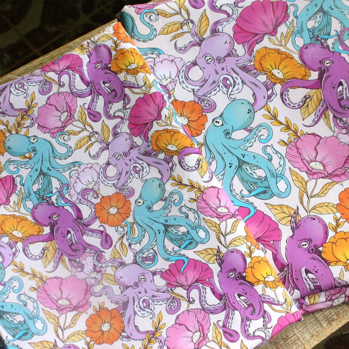 Tissu illustré "Pieuvres" – popeline, velours & French terry – motif poétique