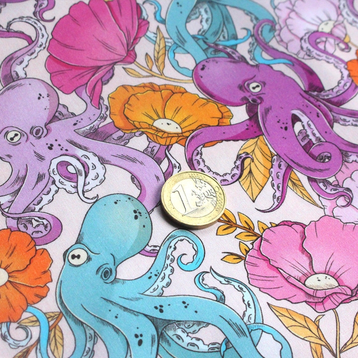 Tissu illustré "Pieuvres" – popeline, velours & French terry – motif poétique