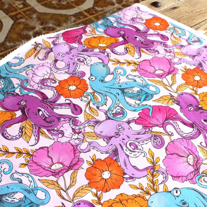Tissu illustré "Pieuvres" – popeline, velours & French terry – motif poétique