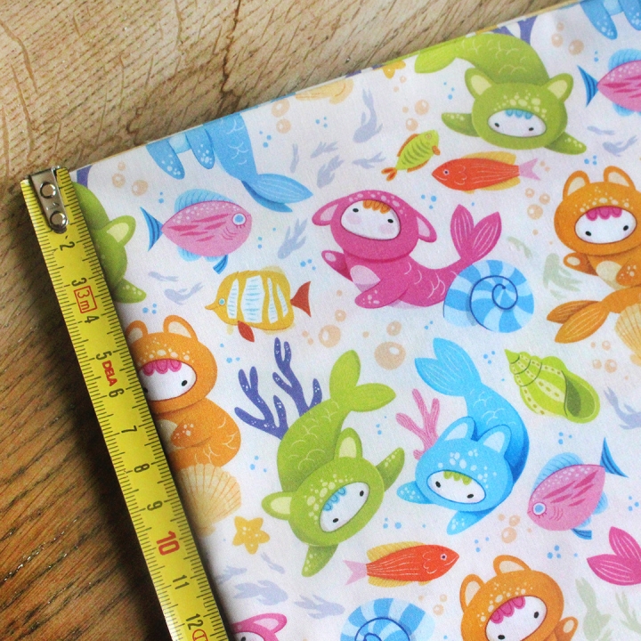 Coupon de tissu illustré "Poissons Yoko" 48x48 cm – Popeline & French Terry – motif enfantin