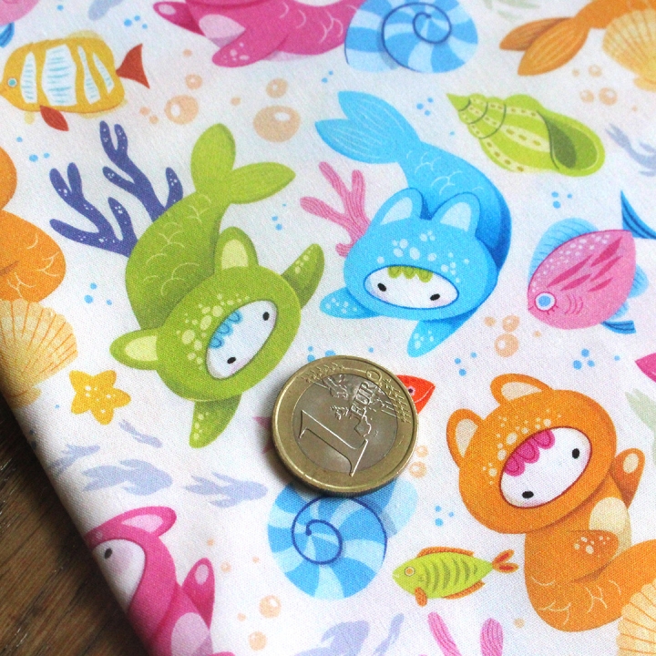 Coupon de tissu illustré "Poissons Yoko" 48x48 cm – Popeline & French Terry – motif enfantin