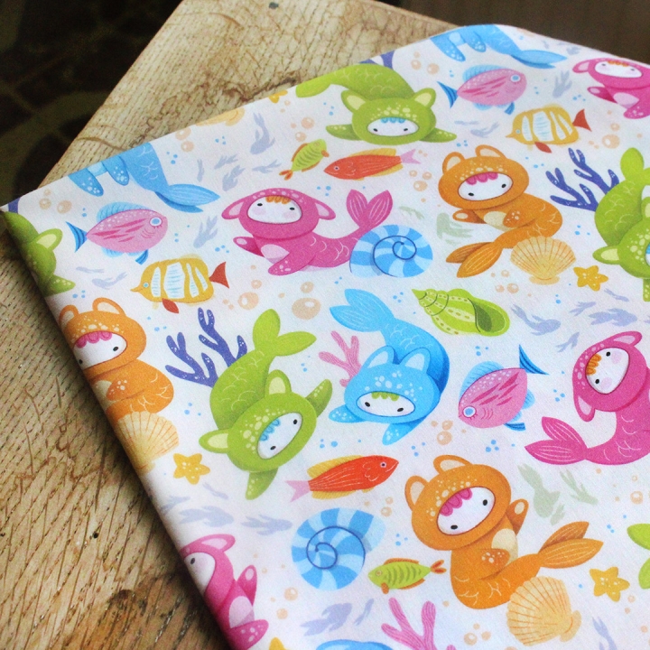 Coupon de tissu illustré "Poissons Yoko" 48x48 cm – Popeline & French Terry – motif enfantin