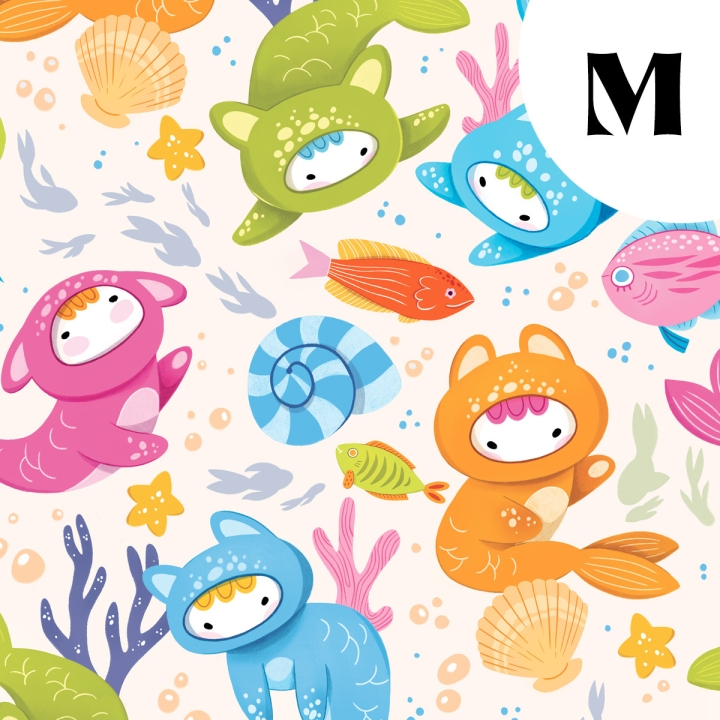Coupon de tissu illustré "Poissons Yoko" 48x48 cm – Popeline & French Terry – motif enfantin