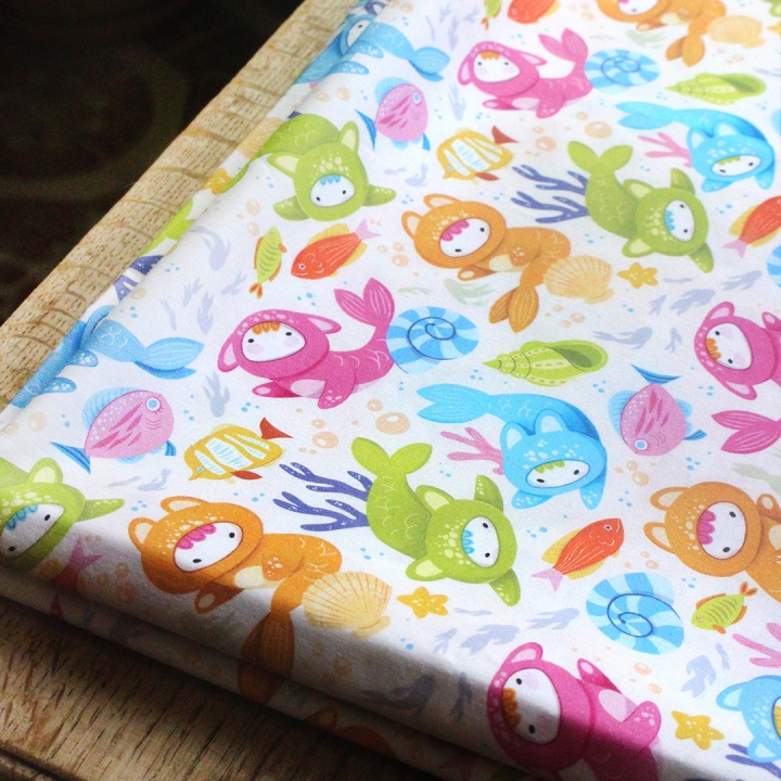 Tissu illustré "Poissons Yoko"– popeline, velours & French terry – motif enfantin, marin