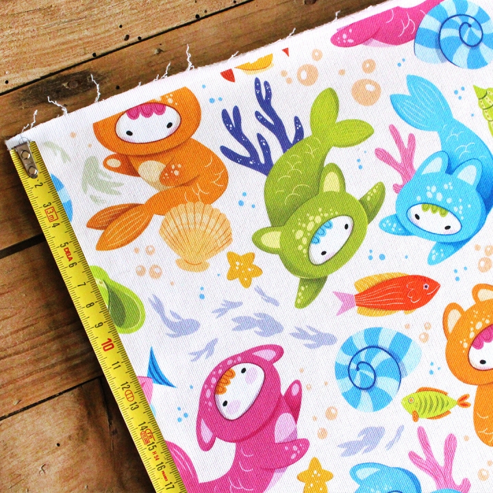 Tissu illustré "Poissons Yoko"– popeline, velours & French terry – motif enfantin, marin