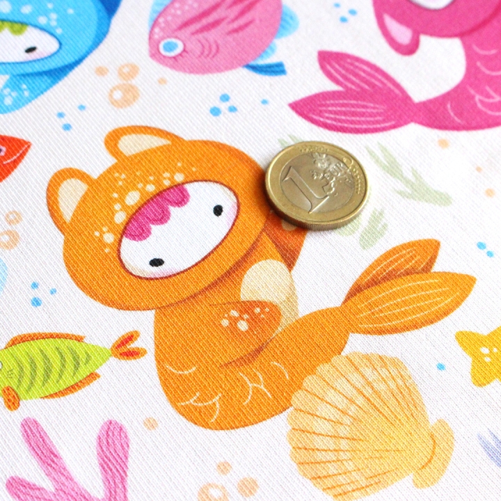 Tissu illustré "Poissons Yoko"– popeline, velours & French terry – motif enfantin, marin