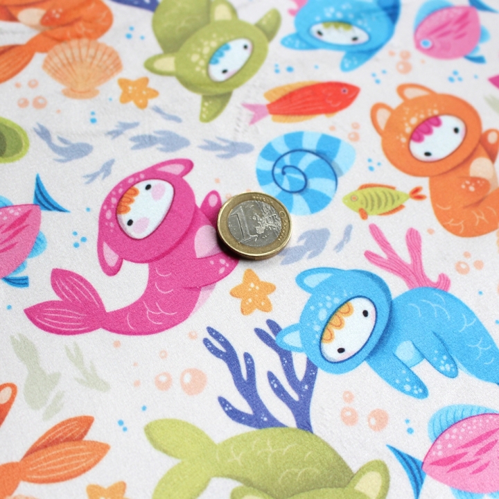 Tissu illustré "Poissons Yoko"– popeline, velours & French terry – motif enfantin, marin