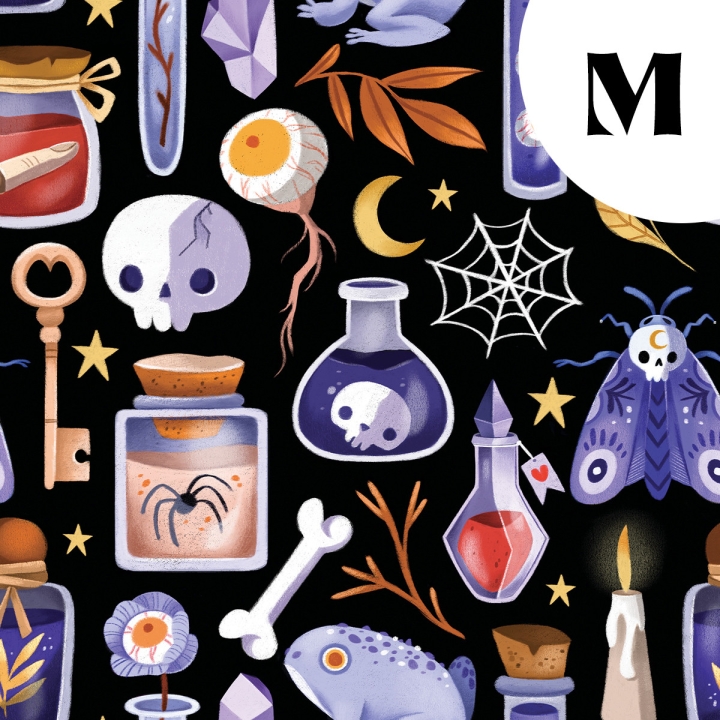 Coupon de tissu illustré "Potions" 48x48 cm – Popeline & French Terry – motif spooky, halloween