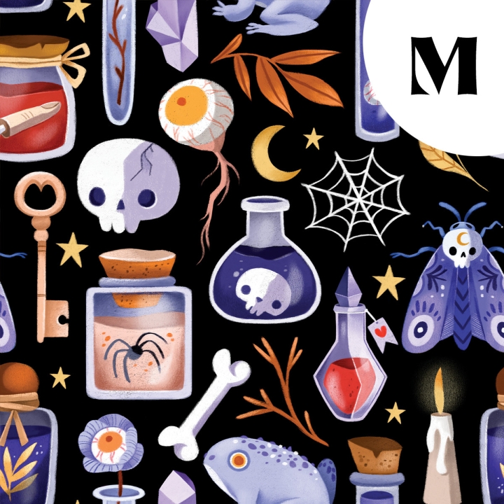 Tissu illustré "Potions" – popeline, velours & French terry – motif sorcière, spooky, halloween