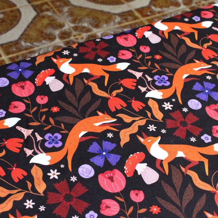 Coupon de tissu illustré "Renards" 48x48 cm – Popeline & French Terry – motif automnale