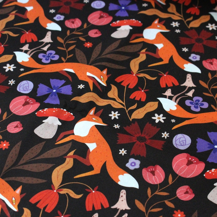 Tissu illustré "Renards" – popeline, velours & French terry – motif automnal