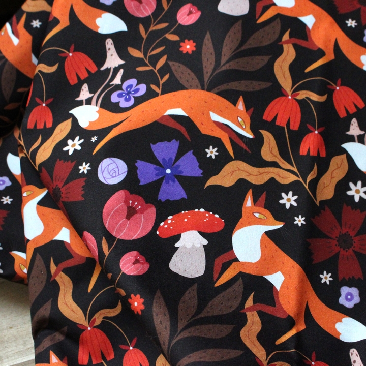 Tissu illustré "Renards" – popeline, velours & French terry – motif automnal