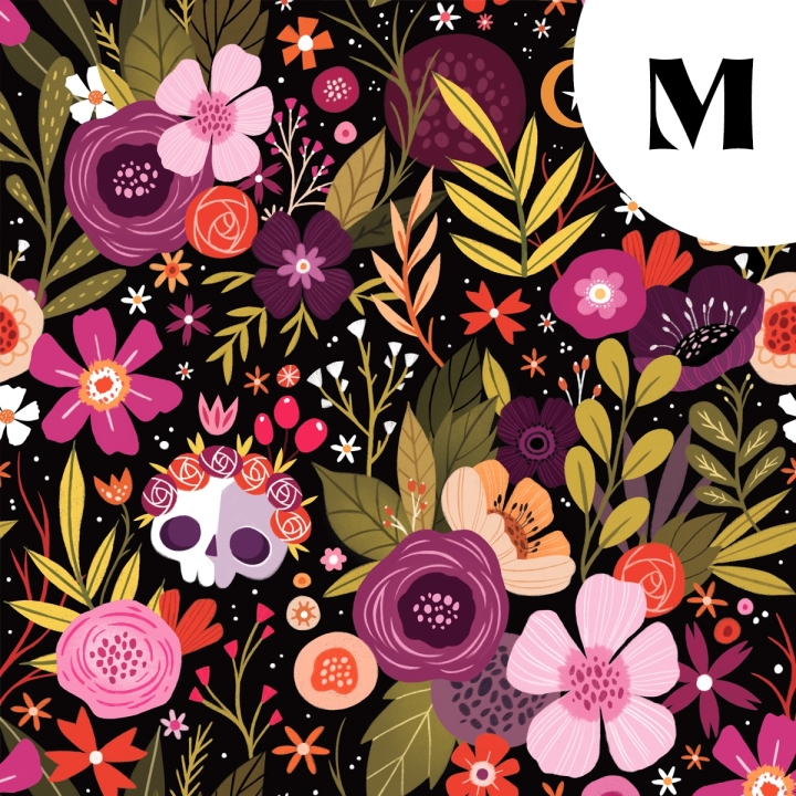 Tissu illustré "Skull Flowers" – popeline, velours & French terry – motif fleuris, coloré, halloween