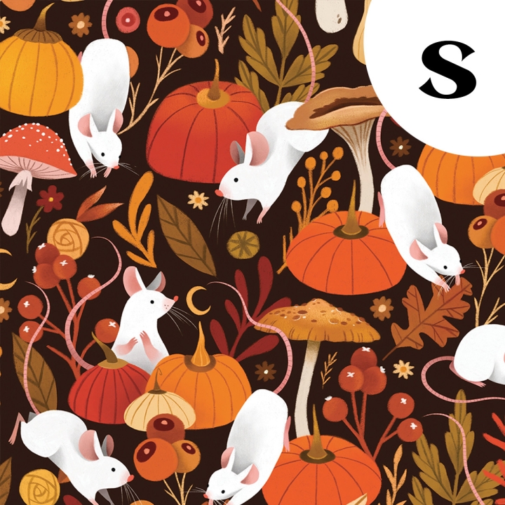 Coupon de tissu illustré "Souris & citrouilles" 48x48 cm – Popeline & French Terry – motif automnale